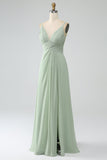 Dusty Sage A-Line Spaghetti Straps Pleated Chiffon Long Bridesmaid Dress