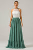 Load image into Gallery viewer, Eucalyptus Keyhole Boho Chiffon Long Bridesmaid Dress with Lace