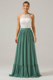 Eucalyptus Keyhole Boho Chiffon Long Bridesmaid Dress with Lace