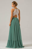 Eucalyptus Keyhole Boho Chiffon Long Bridesmaid Dress with Lace