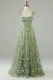 Green Corset Butterflies Long Tulle Formal Dress with Slit
