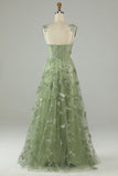 Green Corset Butterflies Long Tulle Formal Dress with Slit