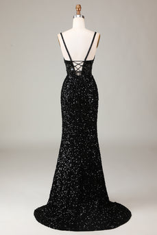 Sparkly Black Corset Sequins Long Mirror Formal Dress with Slit