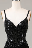 Sparkly Black Corset Sequins Long Mirror Formal Dress with Slit