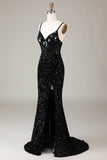 Sparkly Black Corset Sequins Long Mirror Formal Dress with Slit