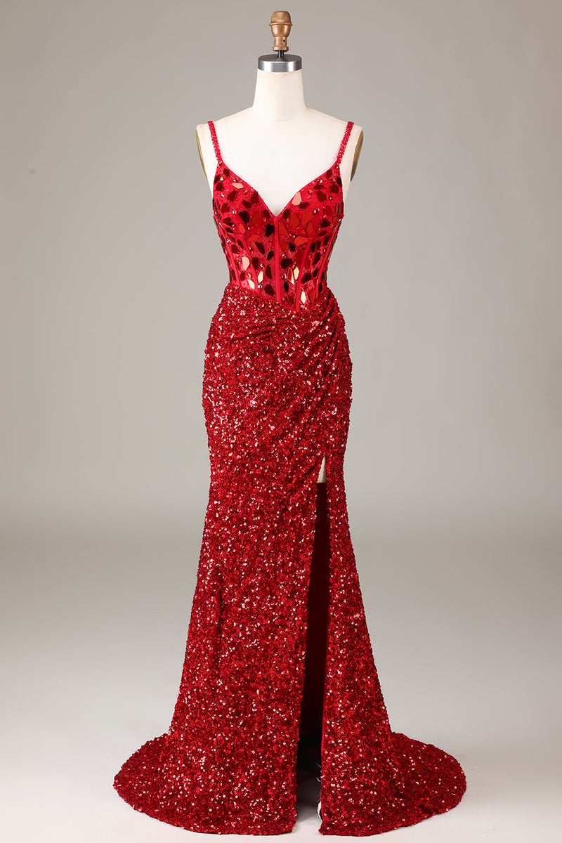 Load image into Gallery viewer, Sparkly Red Corset Sequins Long Mirror Formal Dress with Slit