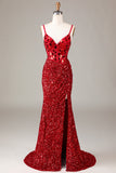 Sparkly Red Corset Sequins Long Mirror Formal Dress with Slit