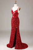 Sparkly Red Corset Sequins Long Mirror Formal Dress with Slit