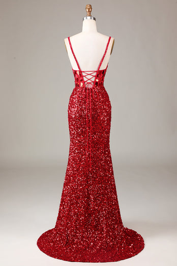 Sparkly Red Corset Sequins Long Mirror Formal Dress with Slit