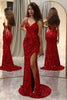 Load image into Gallery viewer, Sparkly Red Corset Sequins Long Mirror Formal Dress with Slit