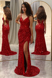 Sparkly Red Corset Sequins Long Mirror Formal Dress with Slit