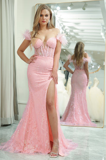 Mermaid Off the Shoulder Sparkly Pink Feathers Corset Formal Dress With Slit