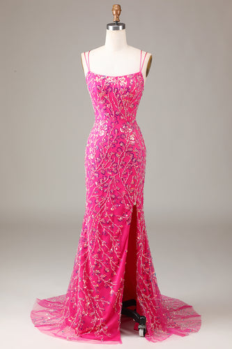 Sparkly Fuchsia Beaded Embroidered Long Mermaid Formal Dress with Slit