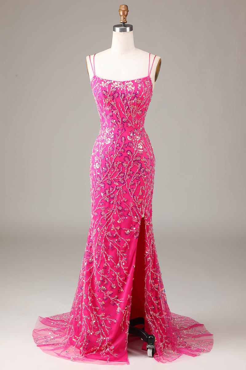 Load image into Gallery viewer, Sparkly Fuchsia Beaded Embroidered Long Mermaid Formal Dress with Slit