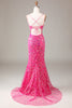 Load image into Gallery viewer, Sparkly Fuchsia Beaded Embroidered Long Mermaid Formal Dress with Slit