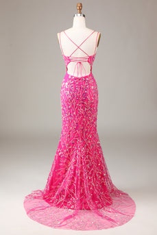 Sparkly Fuchsia Beaded Embroidered Long Mermaid Formal Dress with Slit