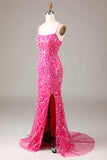 Sparkly Fuchsia Beaded Embroidered Long Mermaid Formal Dress with Slit