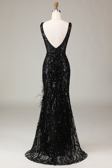 Sparkly Black Sequins Feathered Long Mermaid Formal Dress