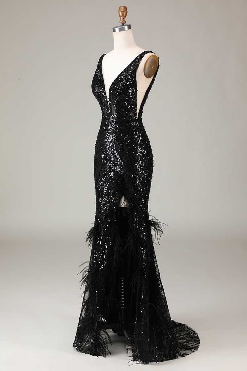 Load image into Gallery viewer, Sparkly Black Sequins Feathered Long Mermaid Formal Dress