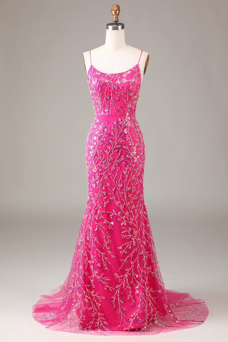 Load image into Gallery viewer, Sparkly Fuchsia Beaded Embroidered Long Mermaid Formal Dress