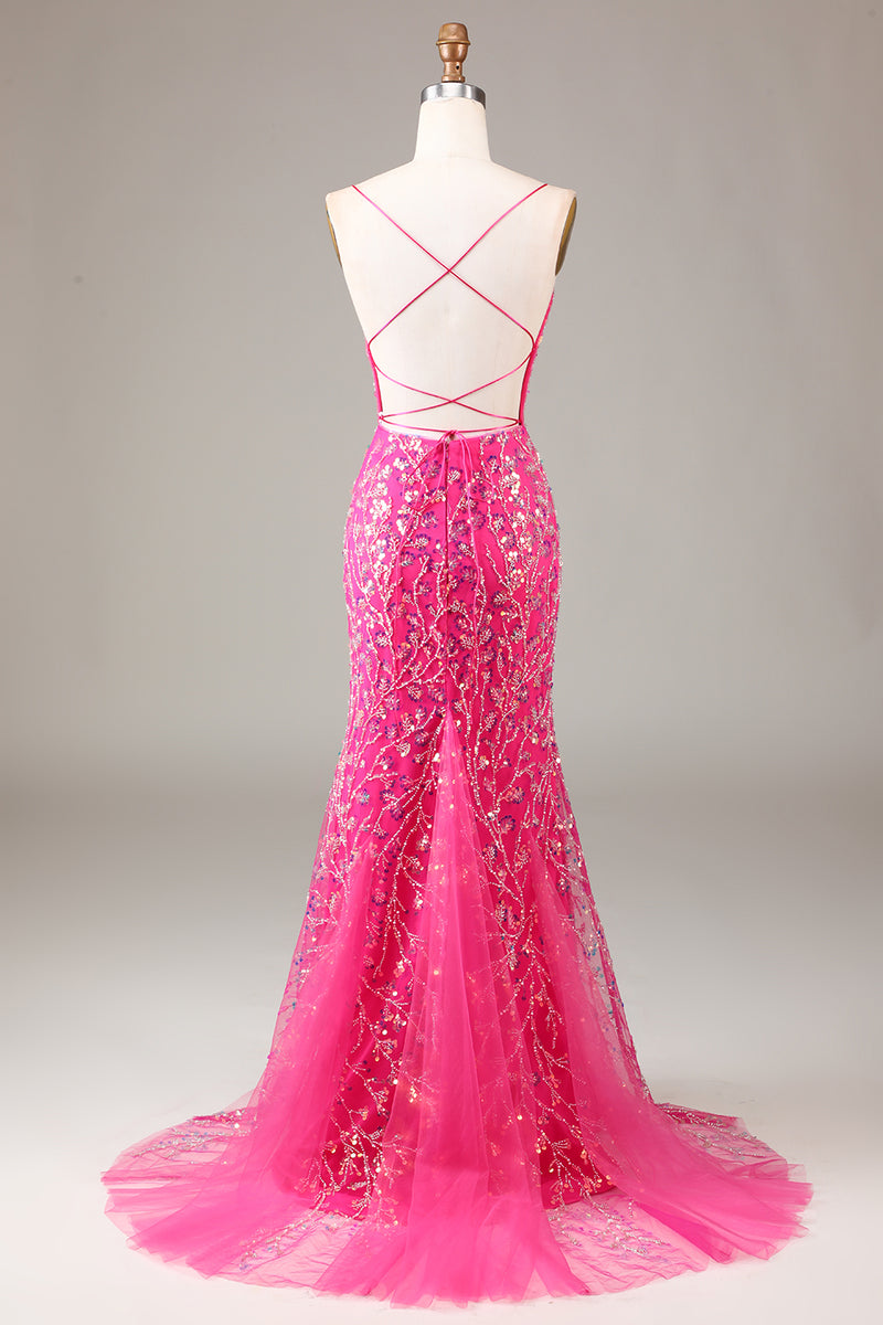 Load image into Gallery viewer, Sparkly Fuchsia Beaded Embroidered Long Mermaid Formal Dress