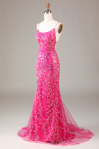 Sparkly Fuchsia Beaded Embroidered Long Mermaid Formal Dress