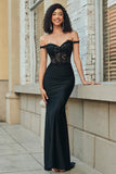 Glitter Off the Shoulder Black Mermaid Long Formal Dress