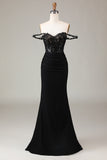 Sparkly Black Off the Shoulder Long Formal Dress with Lace