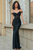 Sparkly Black Off the Shoulder Beaded Mermaid Long Formal Dress