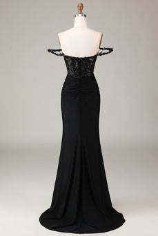 Sparkly Black Off the Shoulder Long Formal Dress with Lace