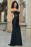 Sparkly Black Off the Shoulder Beaded Mermaid Long Formal Dress