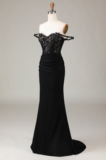 Sparkly Black Off the Shoulder Long Formal Dress with Lace