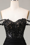 Sparkly Black Off the Shoulder Long Formal Dress with Lace