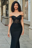 Glitter Off the Shoulder Black Mermaid Long Formal Dress