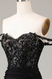 Sparkly Black Off the Shoulder Long Formal Dress with Lace