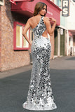 Mermaid Silver Mirror Sequins One Shoulder Prom Dress with Hollow-out