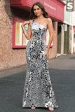 Mermaid Silver Mirror Sequins One Shoulder Prom Dress with Hollow-out