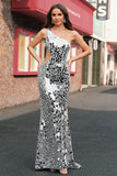 Mermaid Silver Mirror Sequins One Shoulder Prom Dress with Hollow-out