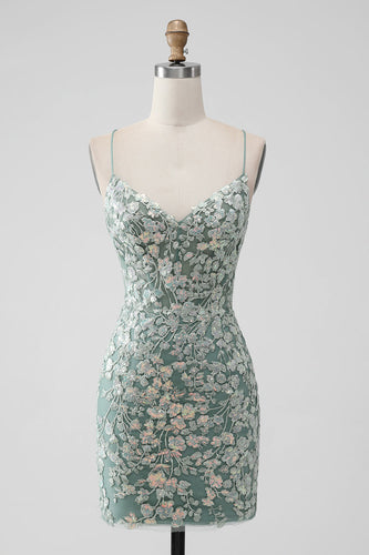 Grey Green Bodycon Lace-up Back Short Cocktail Dress with Sequin Appliqued