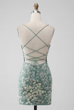 Grey Green Bodycon Lace-up Back Short Cocktail Dress with Sequin Appliqued