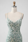 Grey Green Bodycon Lace-up Back Short Cocktail Dress with Sequin Appliqued