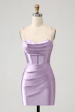 Lilac Bodycon Spaghetti Straps Corset Satin Short Cocktail Dress