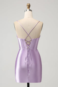Lilac Bodycon Spaghetti Straps Corset Satin Short Cocktail Dress