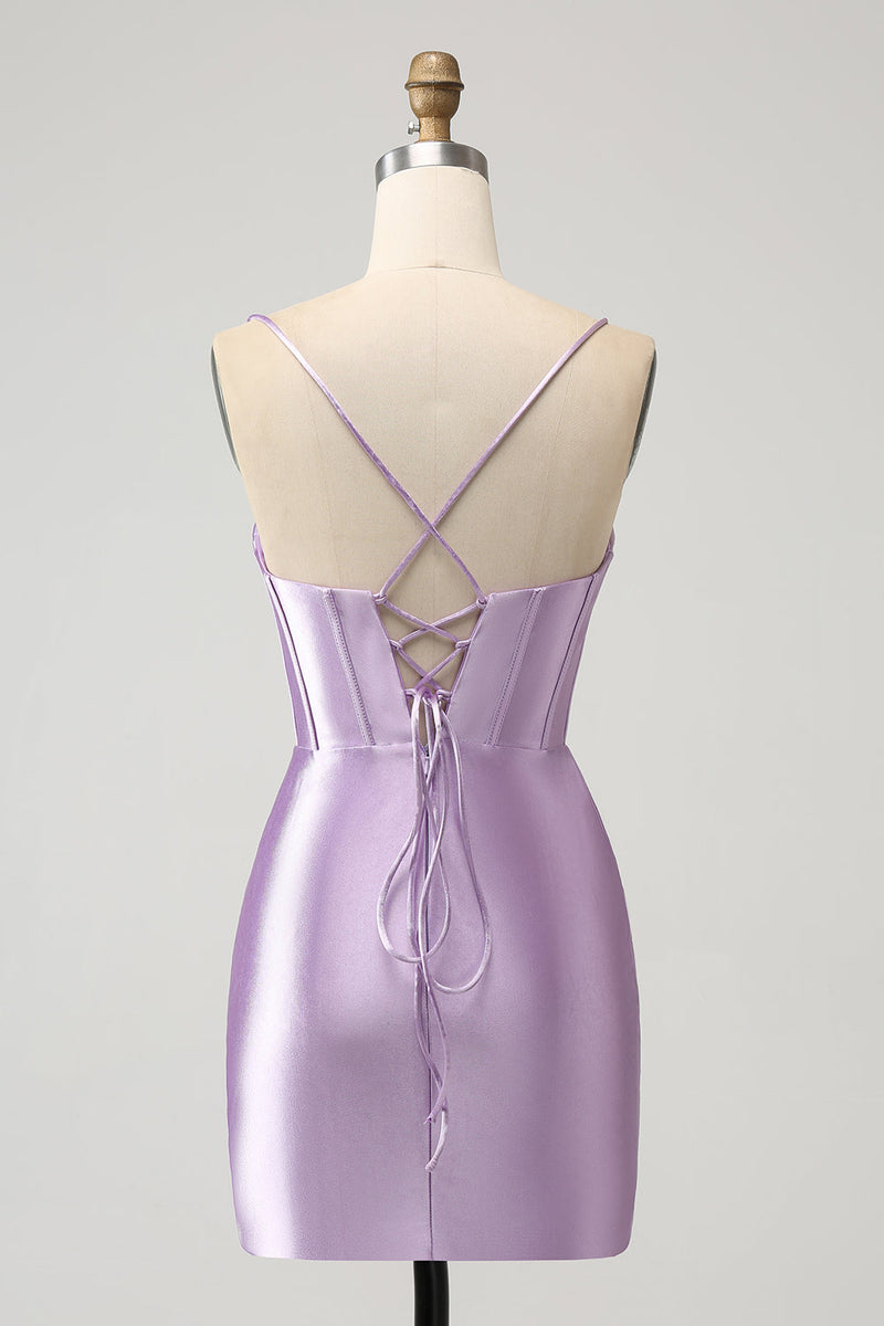 Load image into Gallery viewer, Bodycon Spaghetti Straps Lilac Corset Satin Cocktail Dress