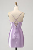 Bodycon Spaghetti Straps Lilac Corset Satin Cocktail Dress