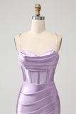 Lilac Bodycon Spaghetti Straps Corset Satin Short Cocktail Dress