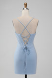 Light Blue Bodycon Corset Spaghetti Straps Short Cocktail Dress