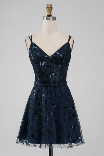 Navy A Line Spaghetti Straps Sparkly Sequins Short Cocktail Dress
