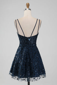 Navy A Line Spaghetti Straps Sparkly Sequins Short Cocktail Dress