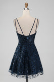 Navy A Line Spaghetti Straps Sparkly Sequins Short Cocktail Dress